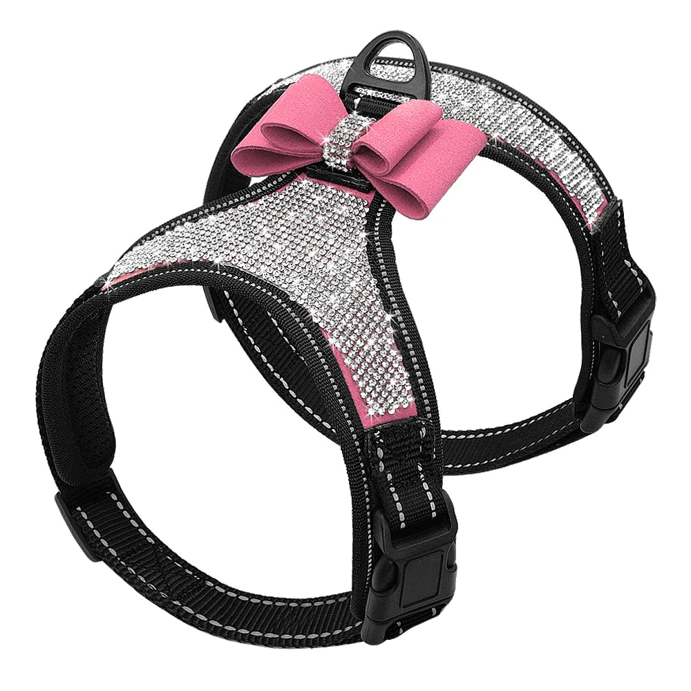 Reflective Dog Harness Nylon Pitbull Pug Small Medium Dogs Harnesses Vest Bling Rhinestone Bowknot