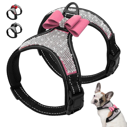 Reflective Dog Harness Nylon Pitbull Pug Small Medium Dogs Harnesses Vest Bling Rhinestone Bowknot