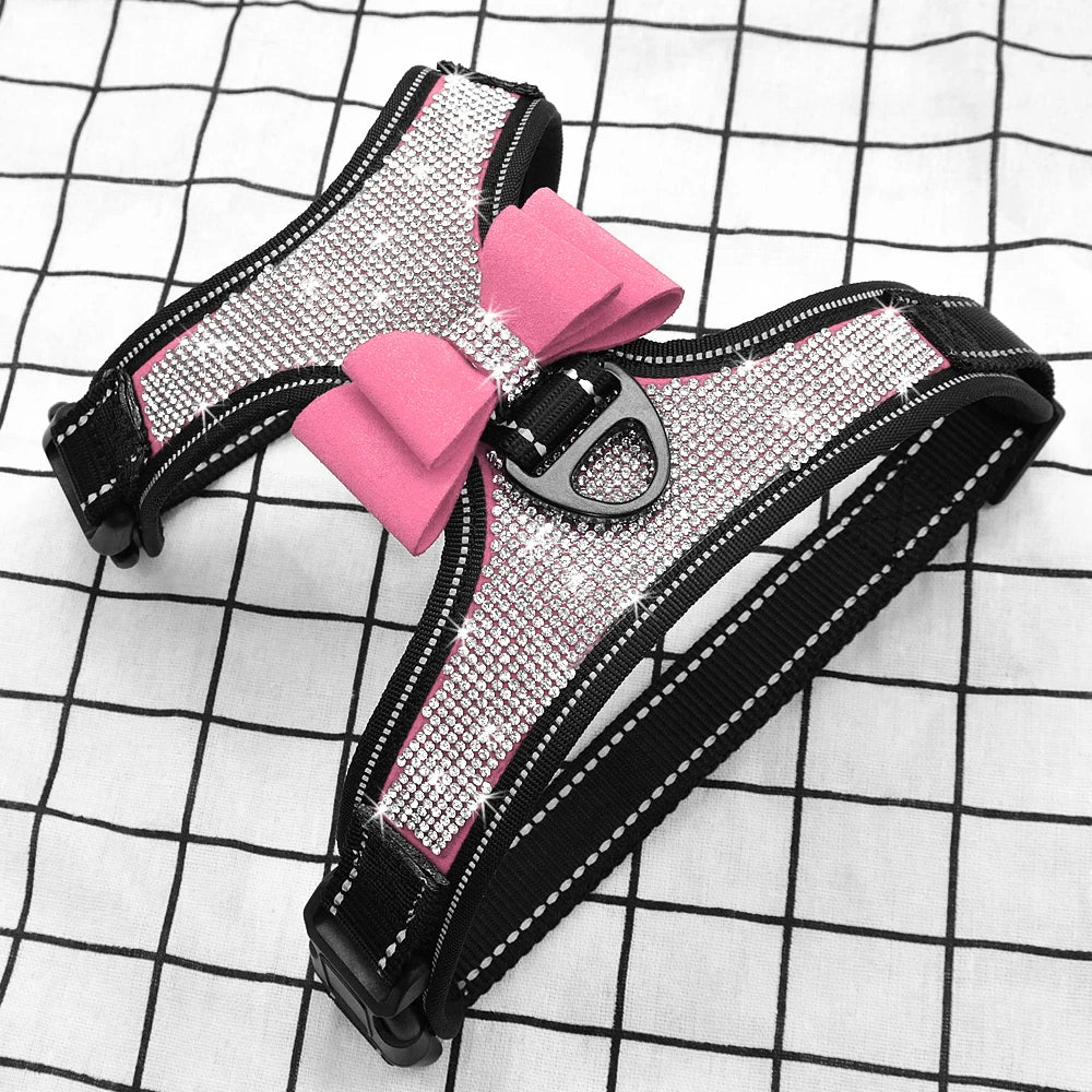 Reflective Dog Harness Nylon Pitbull Pug Small Medium Dogs Harnesses Vest Bling Rhinestone Bowknot