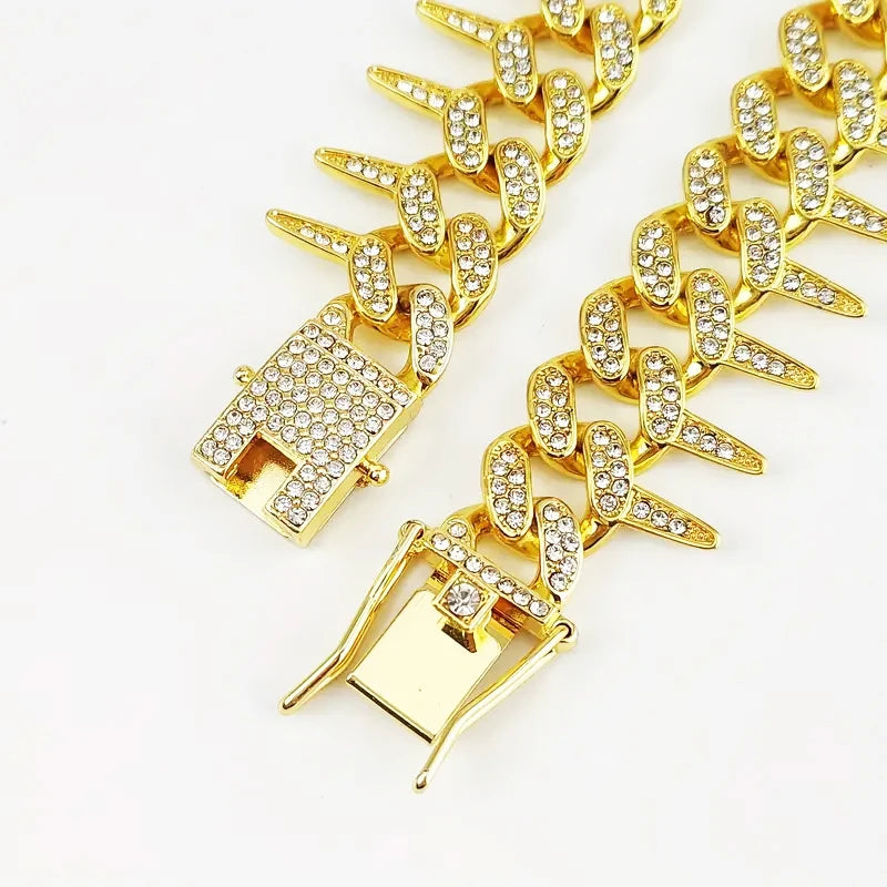 Gold Dog Chain Collar 19MM Thorn Design,Walking Chain Diamond Necklace