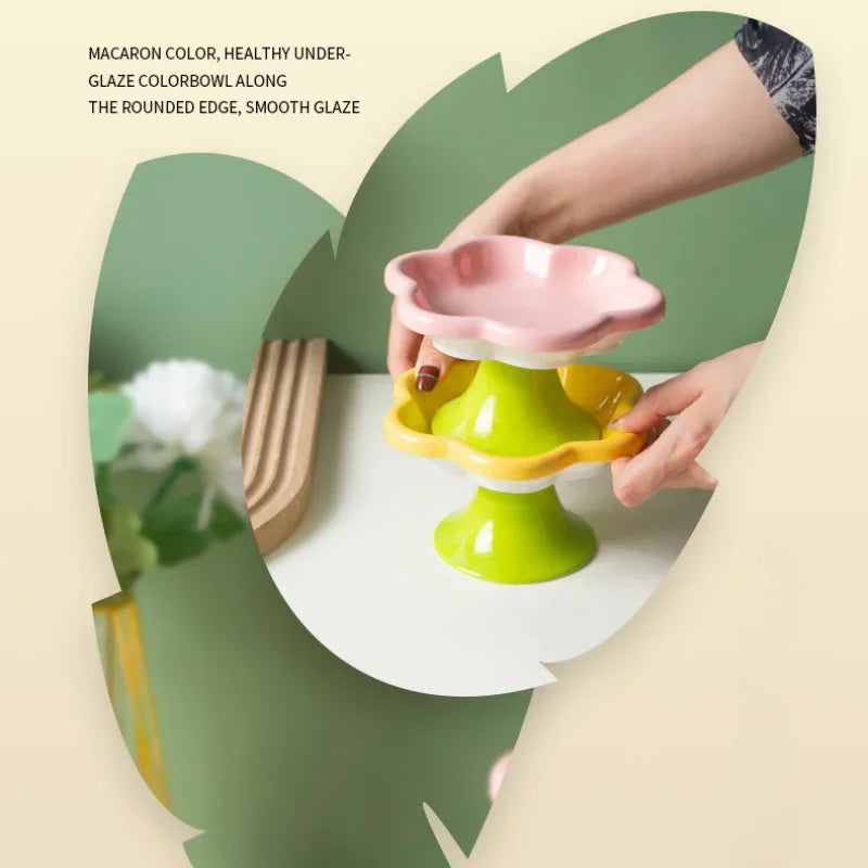 Ceramic Elevated Cat Food Bowl Floral Design Easy-to-clean
