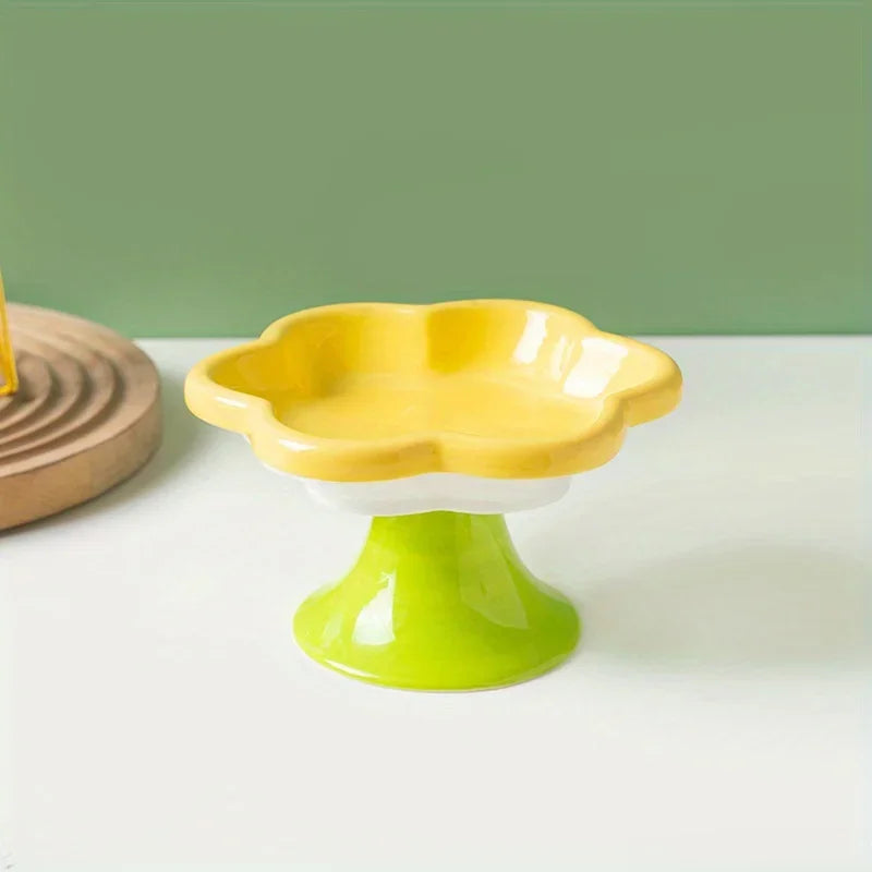 Ceramic Elevated Cat Food Bowl Floral Design Easy-to-clean