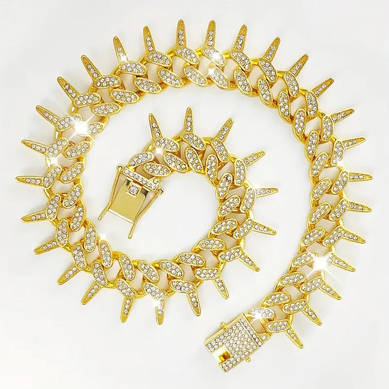 Gold Dog Chain Collar 19MM Thorn Design,Walking Chain Diamond Necklace