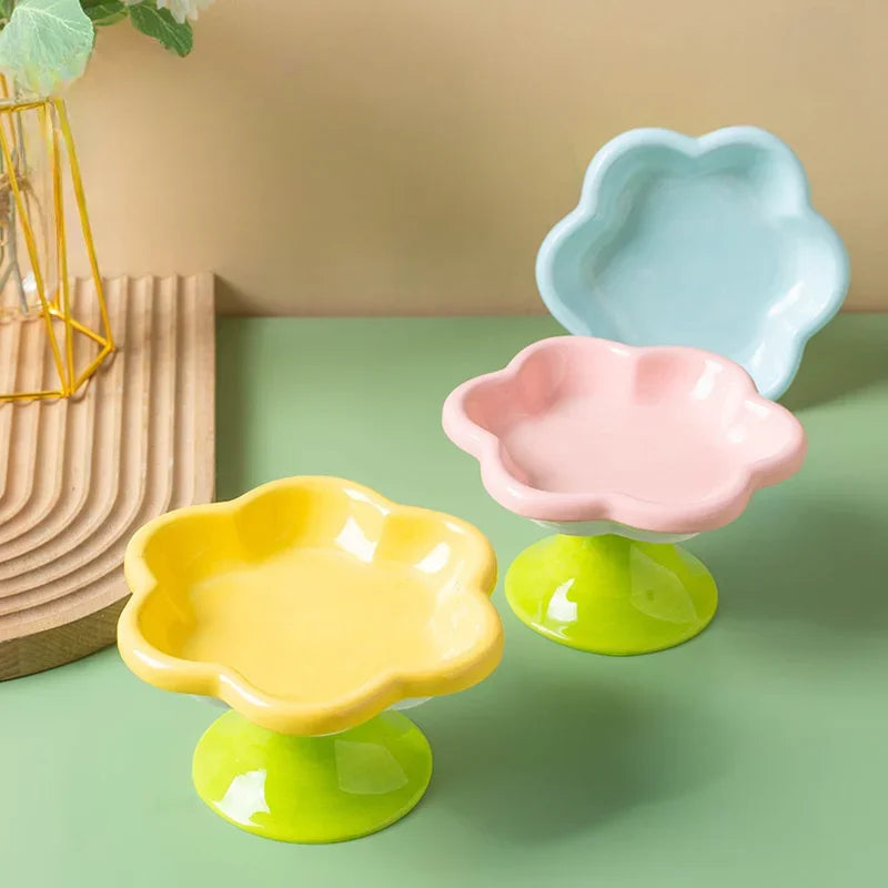 Ceramic Elevated Cat Food Bowl Floral Design Easy-to-clean