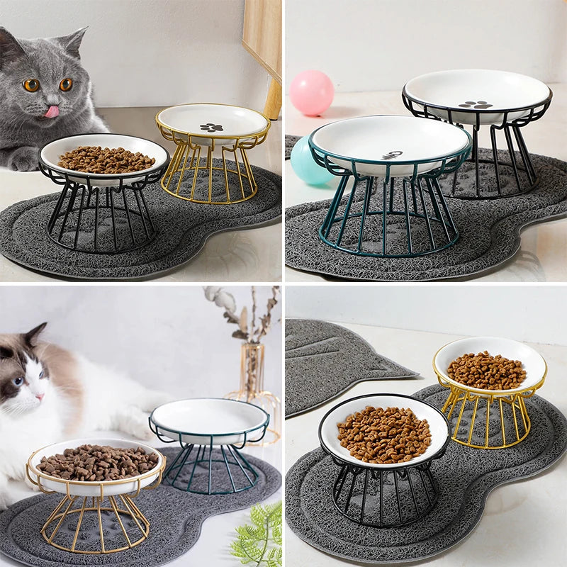 1 Set Pet Ceramic Bowl Iron Rack Cat Food Snacks