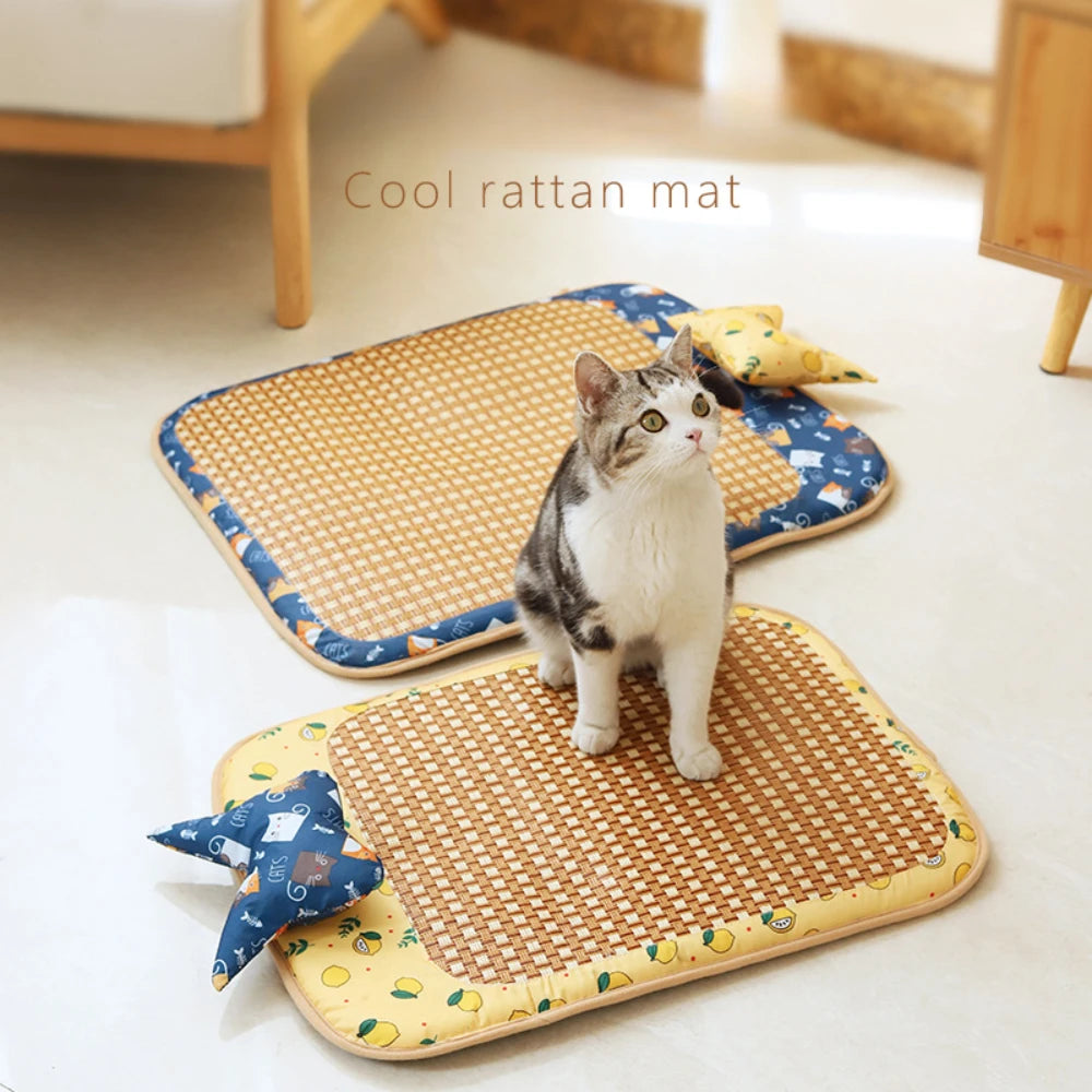 Cat Summer Rattan Pad With Pillow Bite-resistant