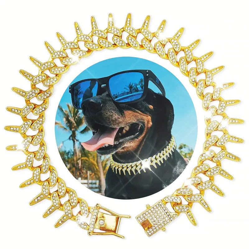 Gold Dog Chain Collar 19MM Thorn Design,Walking Chain Diamond Necklace