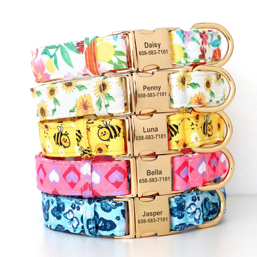 Personalized Nylon Dog Collar Flower Bee Printed