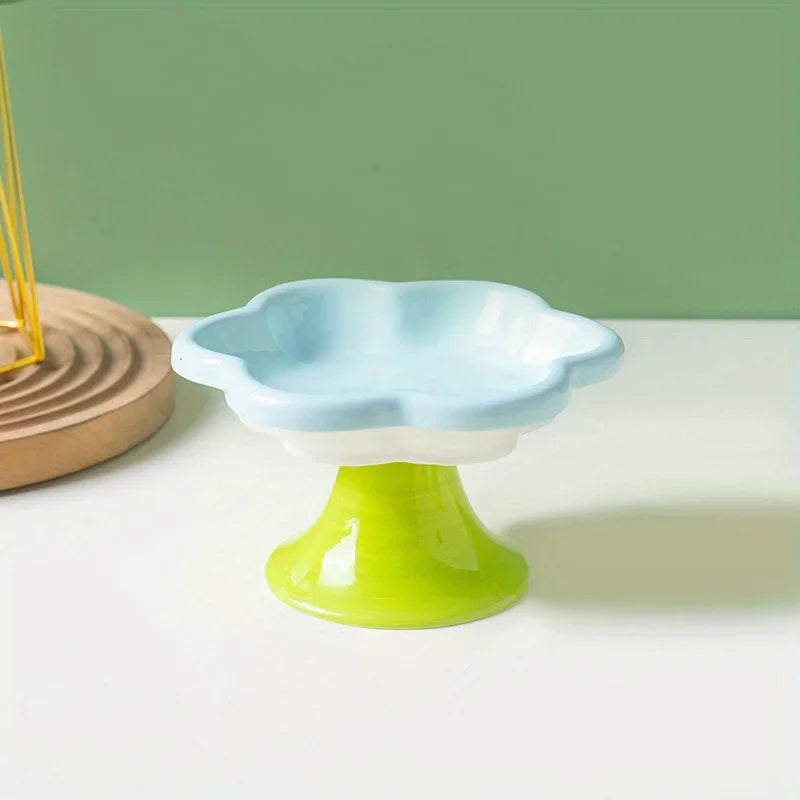 Ceramic Elevated Cat Food Bowl Floral Design Easy-to-clean