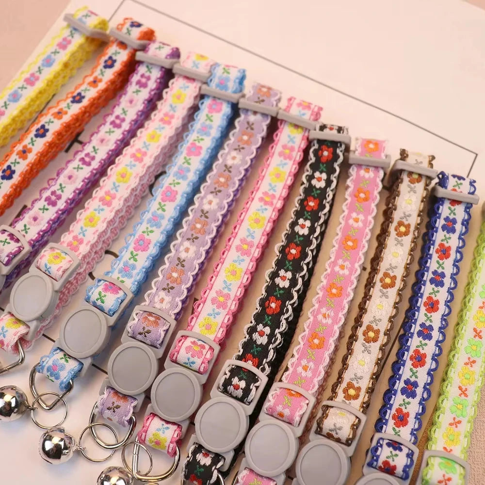 Hand Knitting Flower Pet Lace Cat Collar With Bell Colorful Retro