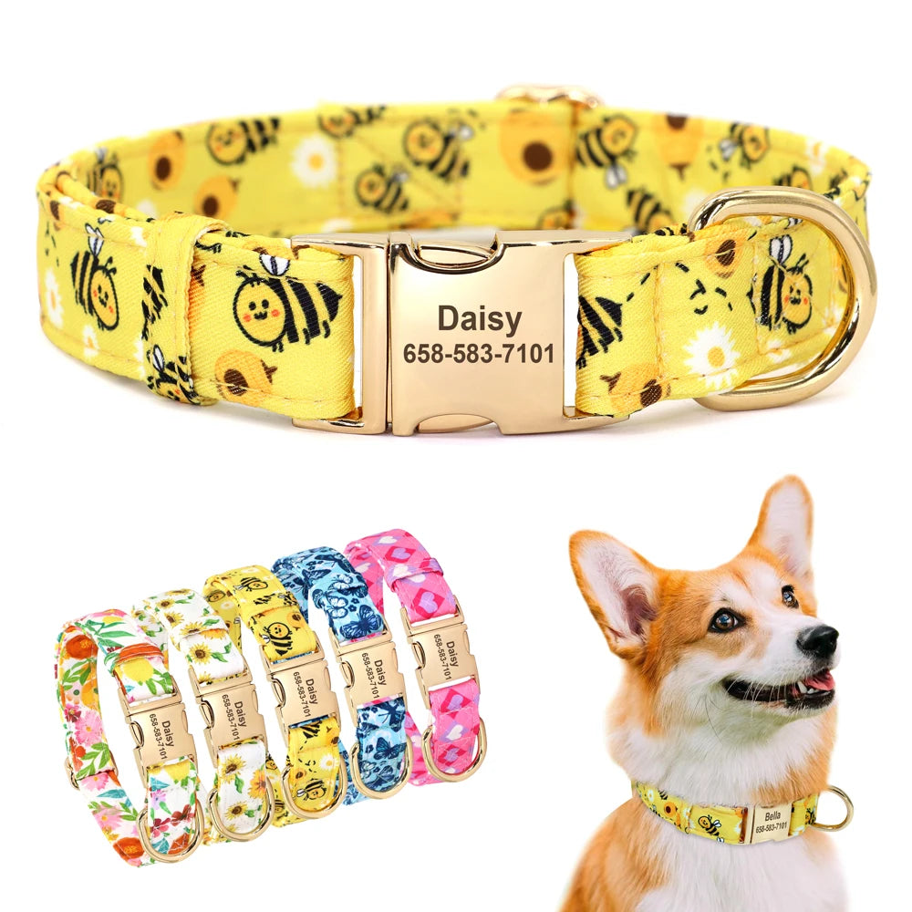 Personalized Nylon Dog Collar Flower Bee Printed