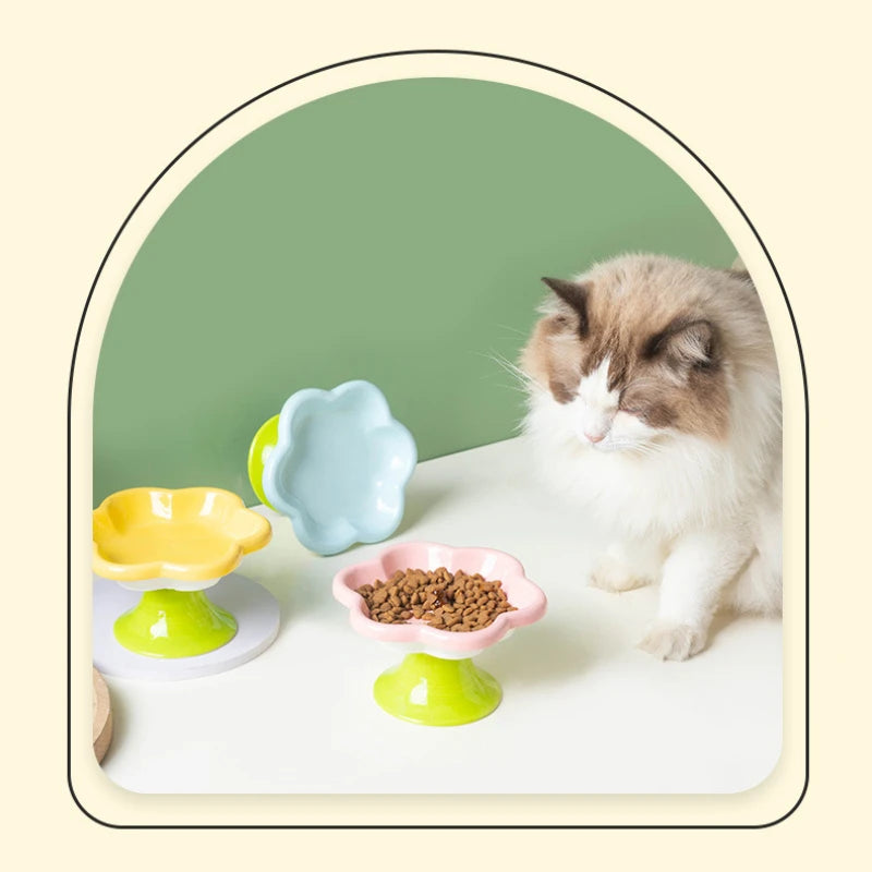 Ceramic Elevated Cat Food Bowl Floral Design Easy-to-clean
